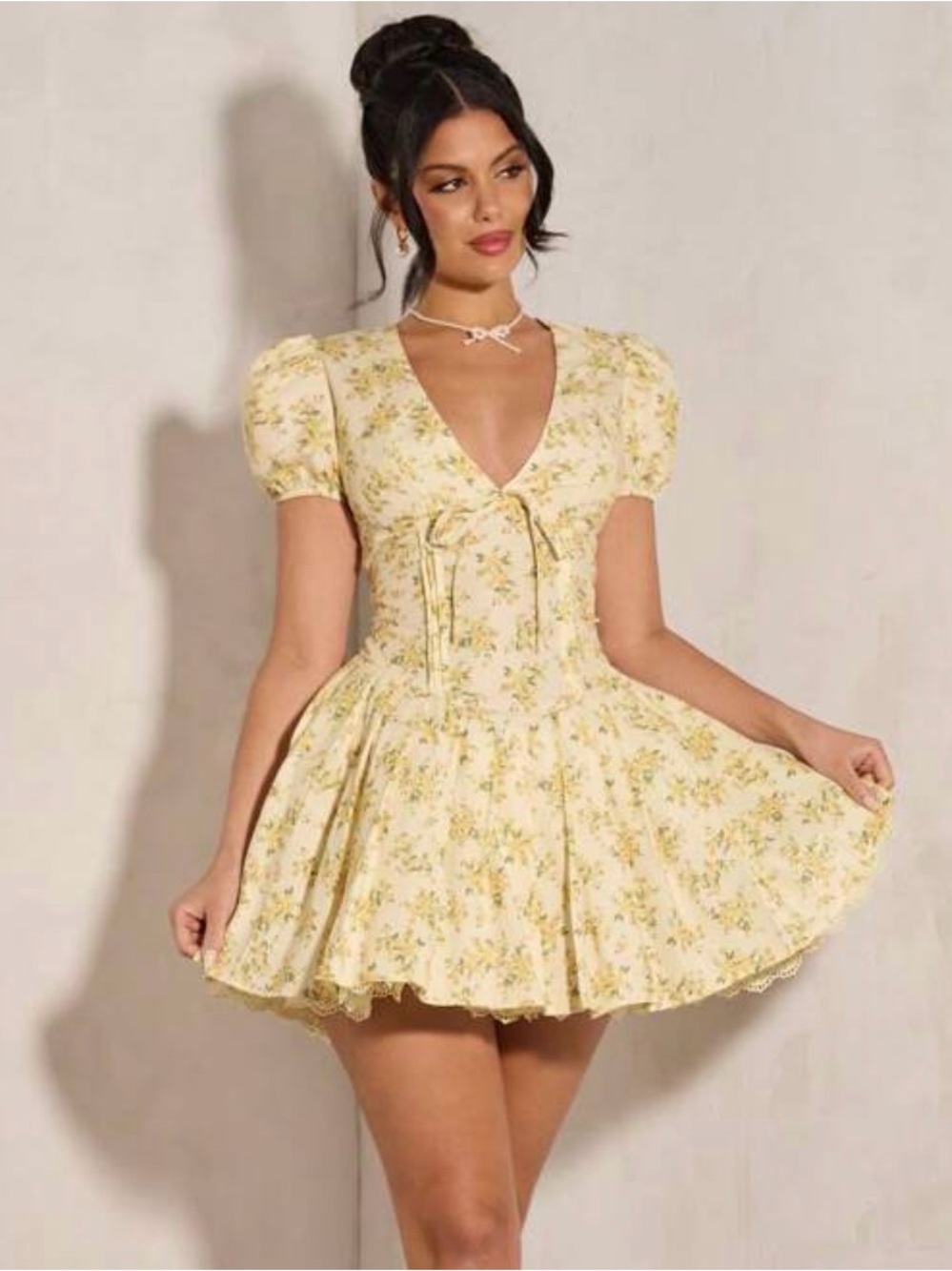 Yellow Floral Puff-Sleeve Mini Dress